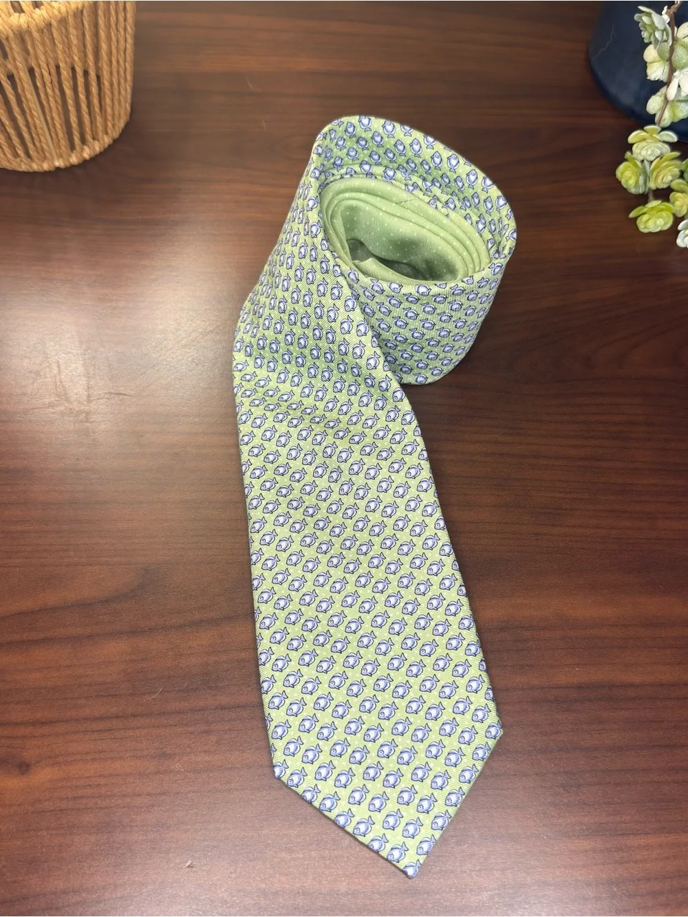 Tommy Hilfiger Light Green Tie with Blue and White Fish Pattern